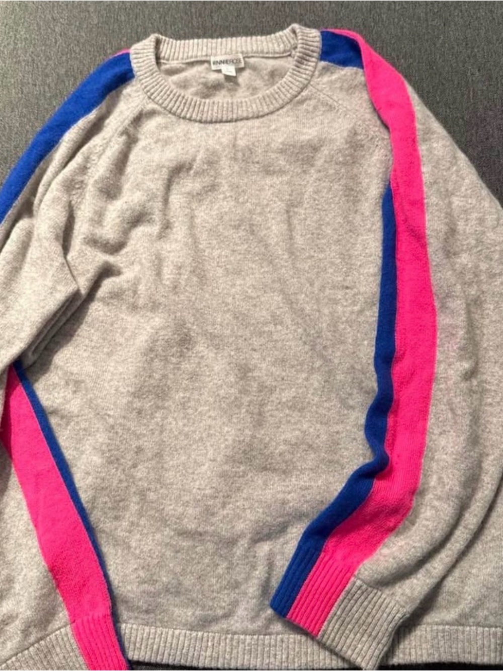 Minnie Rose Gray Crewneck Sweater with Pink and Blue Sleeve Stripes